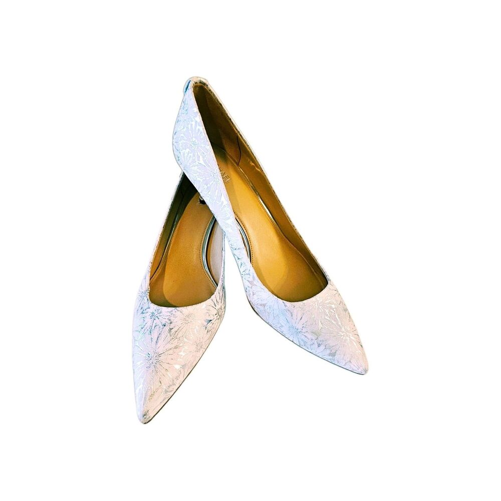 Michael Kors Women's White/Silver Floral Leather Pointed Toe Pumps Slip On 8
